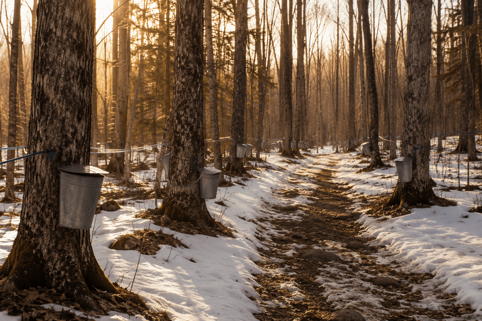 Maple sugarbush trail with buckets and tubing