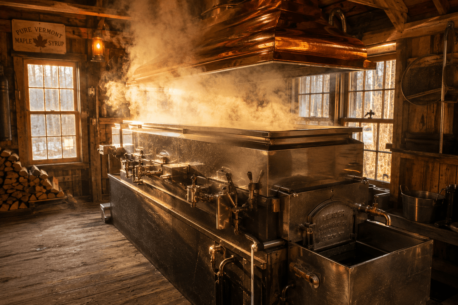Warm sugarhouse interior with evaporator and steam